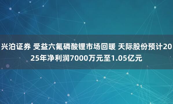兴泊证券 受益六氟磷酸锂市场回暖 天际股份预计2025年净利润7000万元至1.05亿元